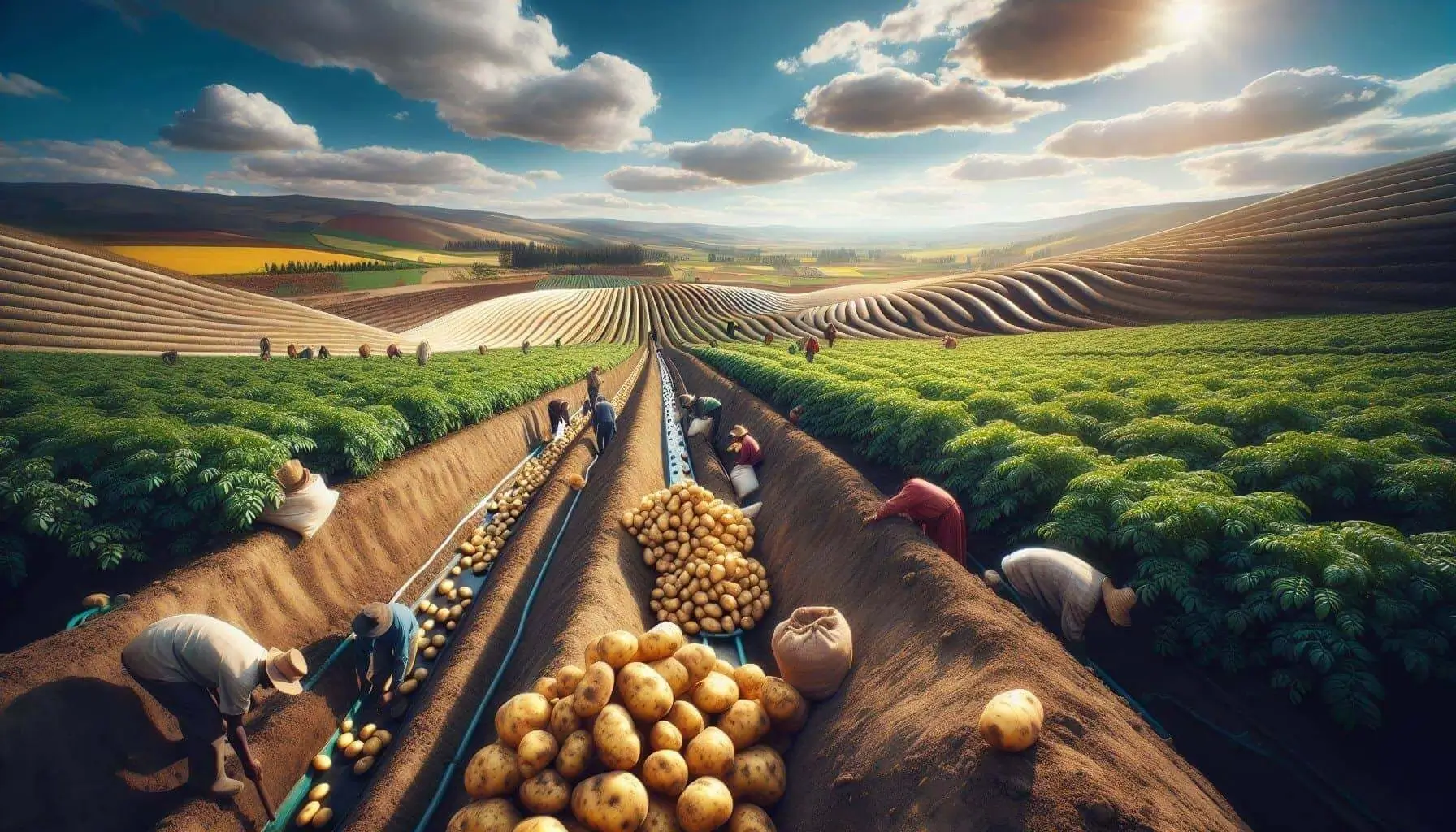 Agricultural workers tending to crops on a farm, with a picturesque landscape in the background.